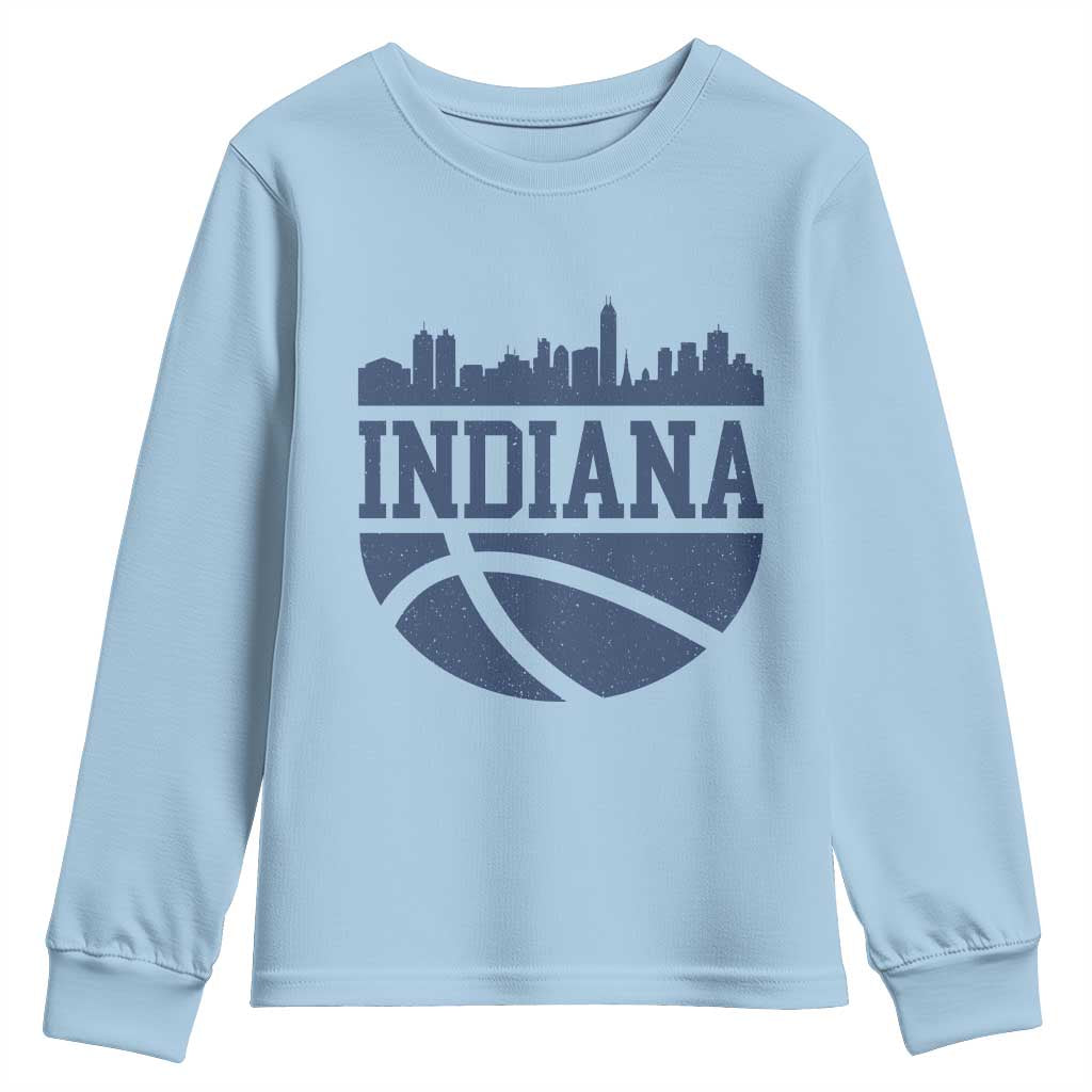Indiana Skyline Basketball Youth Sweatshirt Distressed Urban Hoops Graphic for Indy Fans