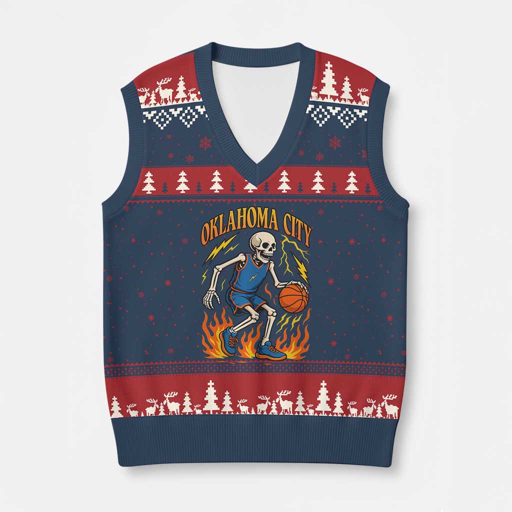 Oklahoma City Basketball Skeleton V-Neck Knit Sweater Vest OKC Hoops Fan Life Sport Lover - Wonder Print Shop