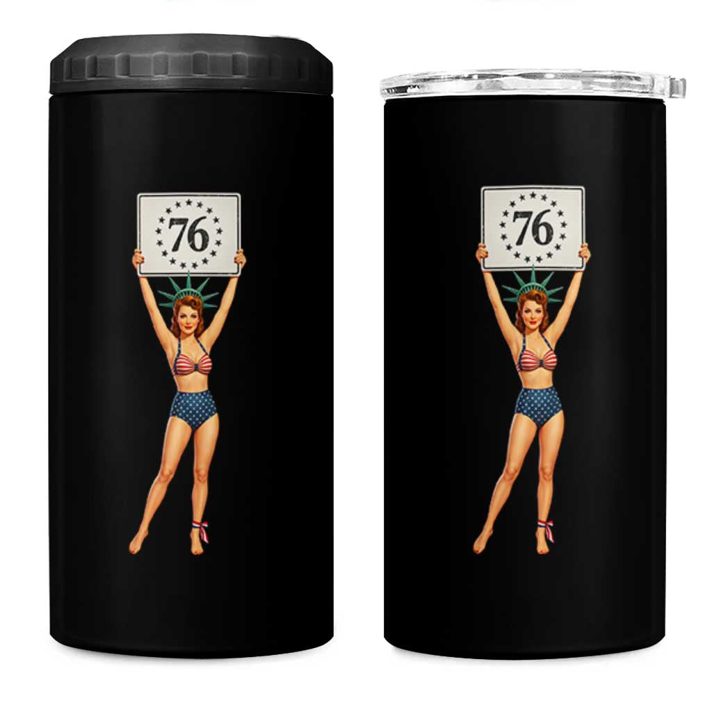 Vintage Patriotic Pin Up Girl 1776 4 in 1 Can Cooler Tumbler Statue of Liberty Retro Americana Graphic