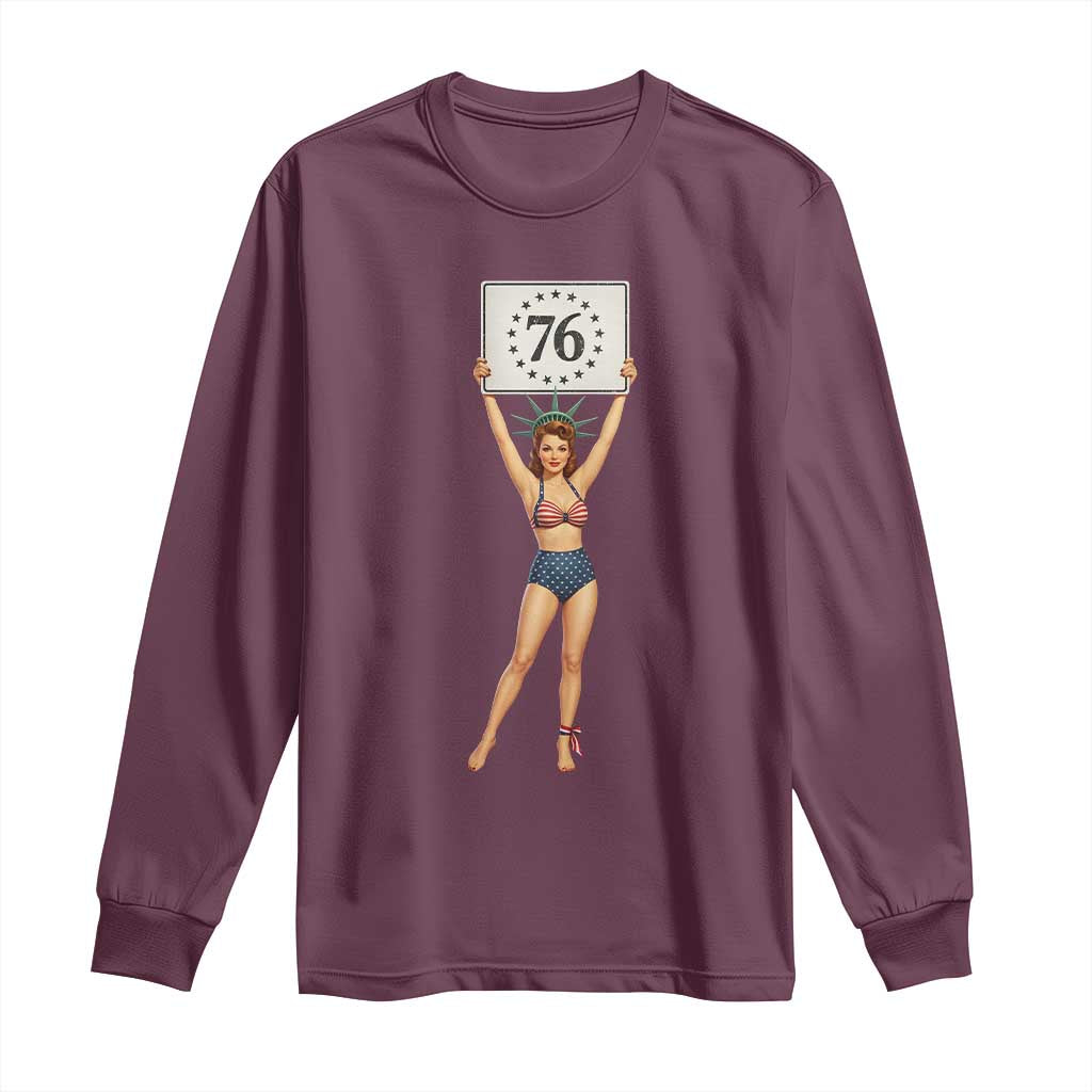 Vintage Patriotic Pin Up Girl 1776 Long Sleeve Shirt Statue of Liberty Retro Americana Graphic