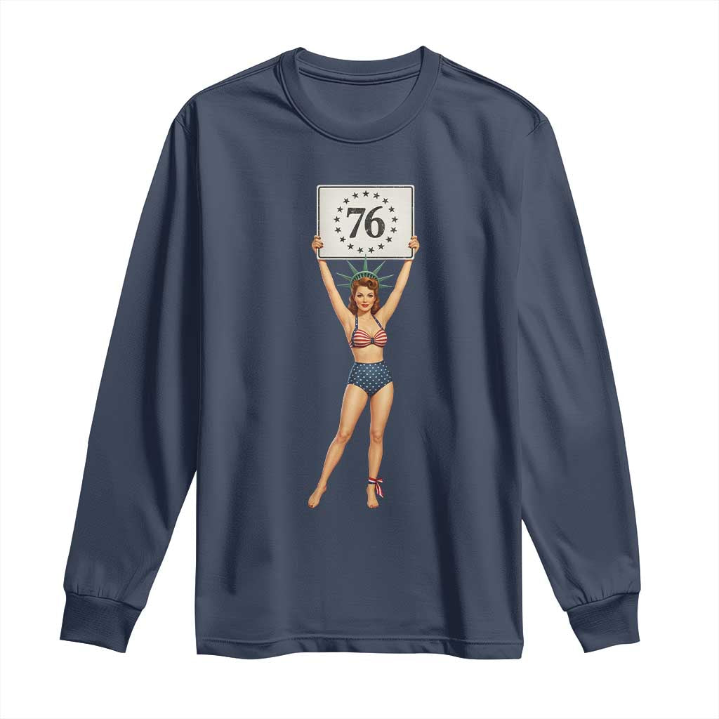 Vintage Patriotic Pin Up Girl 1776 Long Sleeve Shirt Statue of Liberty Retro Americana Graphic
