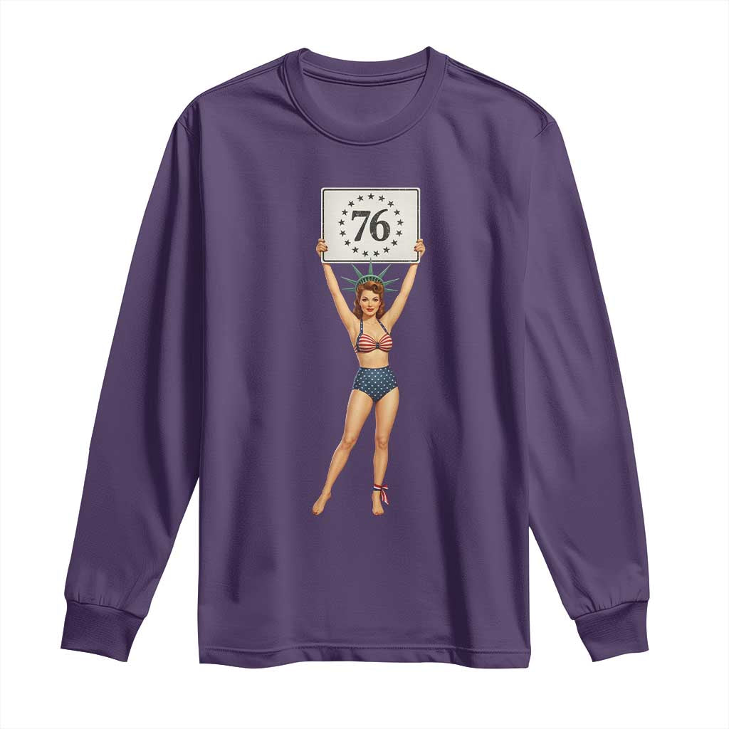 Vintage Patriotic Pin Up Girl 1776 Long Sleeve Shirt Statue of Liberty Retro Americana Graphic