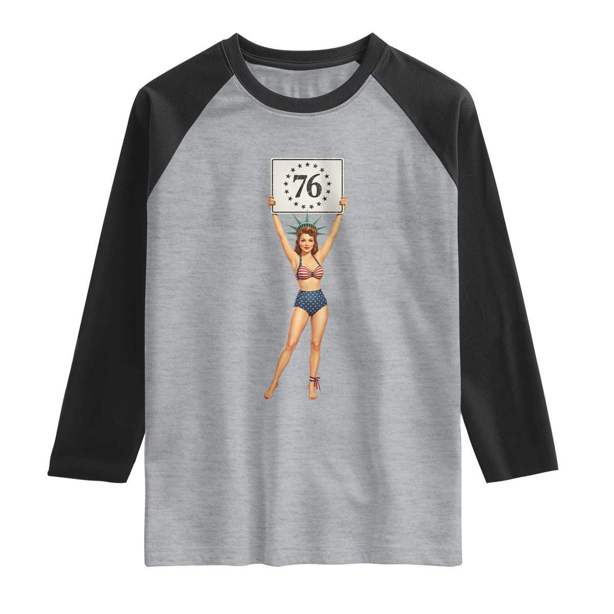 Vintage Patriotic Pin Up Girl 1776 Raglan Shirt Statue of Liberty Retro Americana Graphic