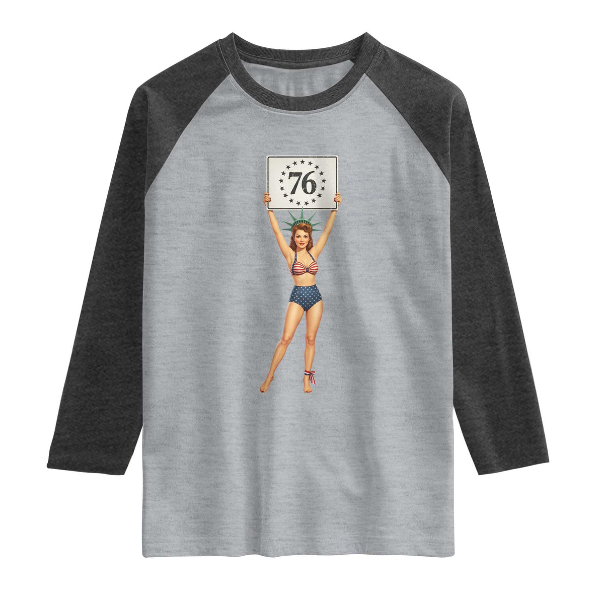Vintage Patriotic Pin Up Girl 1776 Raglan Shirt Statue of Liberty Retro Americana Graphic