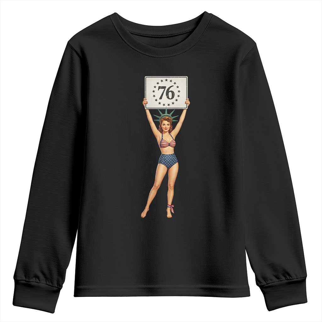 Vintage Patriotic Pin Up Girl 1776 Youth Sweatshirt Statue of Liberty Retro Americana Graphic