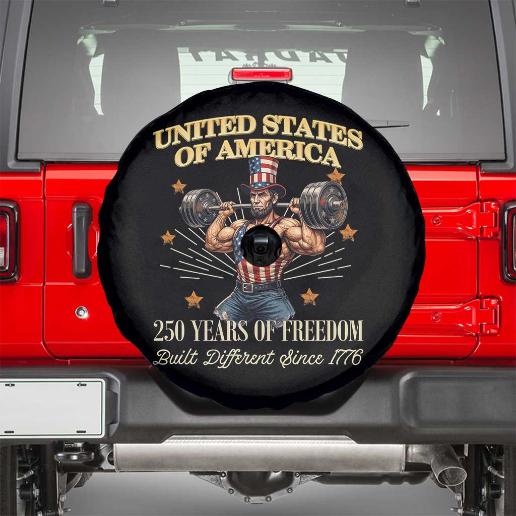 USA 250 Years of Freedom Muscular Uncle Sam Weightlifter Spare Tire Cover Built Different Since 1776 Funny Patriotic Buff Graphic