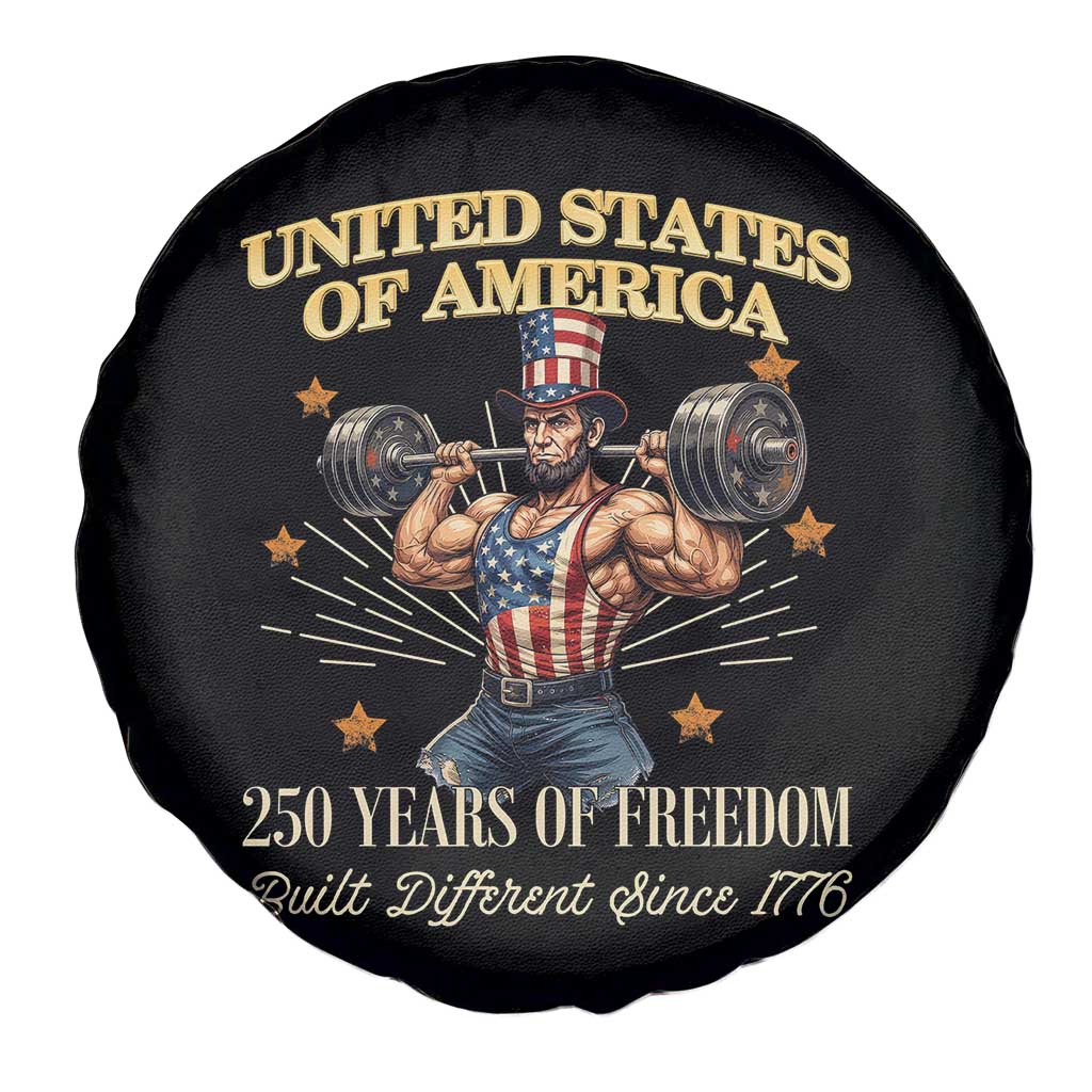 USA 250 Years of Freedom Muscular Uncle Sam Weightlifter Spare Tire Cover Built Different Since 1776 Funny Patriotic Buff Graphic