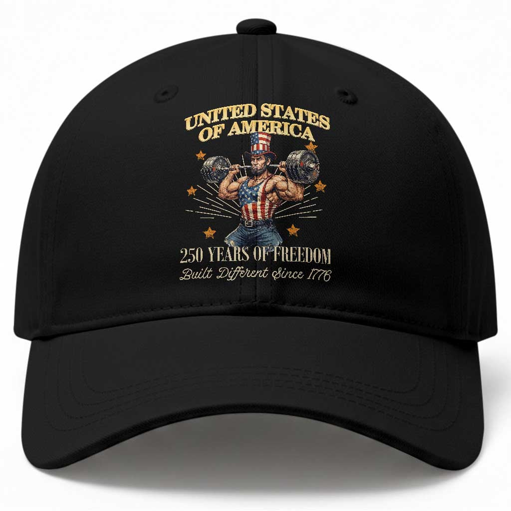USA 250 Years of Freedom Muscular Uncle Sam Weightlifter Baseball Cap Built Different Since 1776 Funny Patriotic Buff Graphic