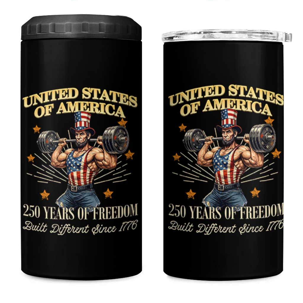 USA 250 Years of Freedom Muscular Uncle Sam Weightlifter 4 in 1 Can Cooler Tumbler Built Different Since 1776 Funny Patriotic Buff Graphic