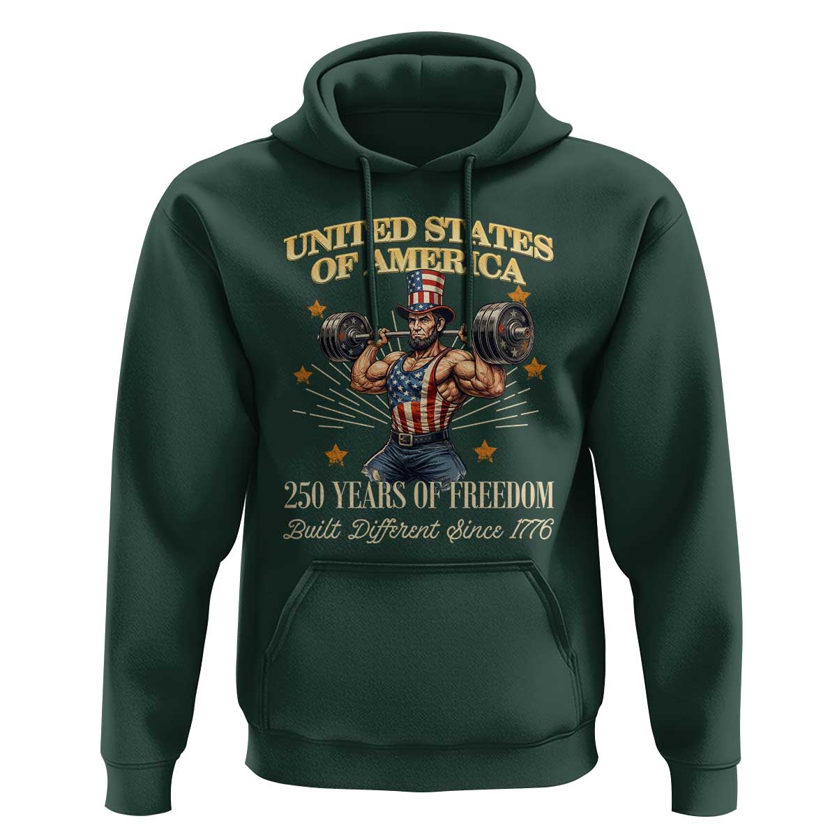 USA 250 Years of Freedom Muscular Uncle Sam Weightlifter Hoodie Built Different Since 1776 Funny Patriotic Buff Graphic