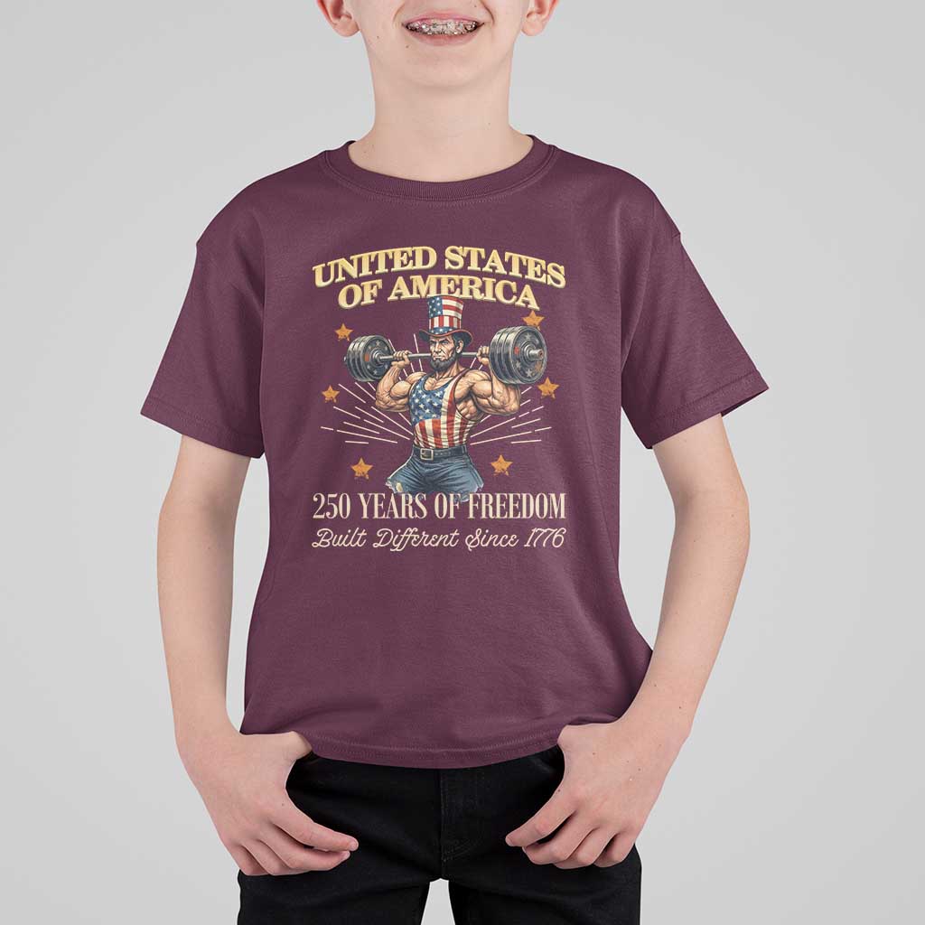 USA 250 Years of Freedom Muscular Uncle Sam Weightlifter T Shirt For Kid Built Different Since 1776 Funny Patriotic Buff Graphic