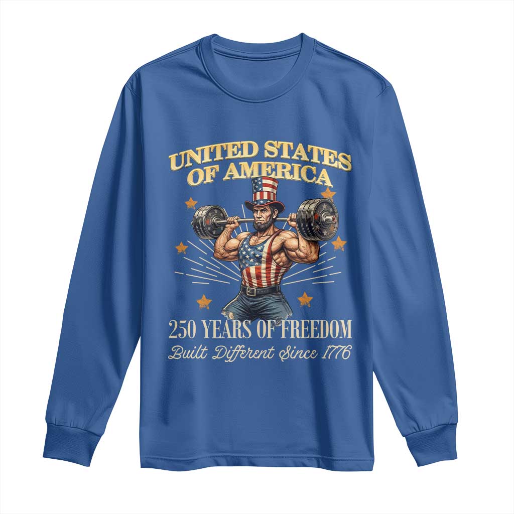 USA 250 Years of Freedom Muscular Uncle Sam Weightlifter Long Sleeve Shirt Built Different Since 1776 Funny Patriotic Buff Graphic