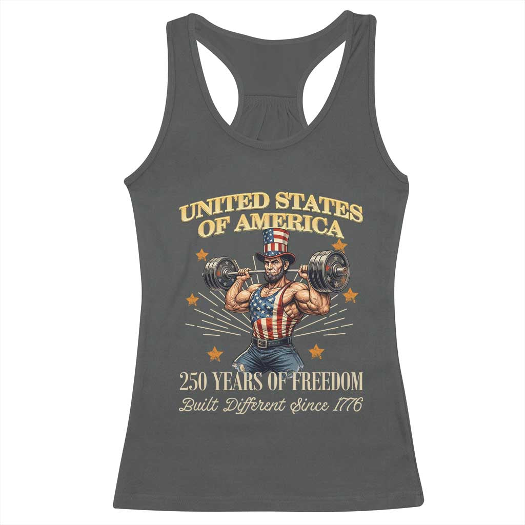 USA 250 Years of Freedom Muscular Uncle Sam Weightlifter Racerback Tank Top Built Different Since 1776 Funny Patriotic Buff Graphic
