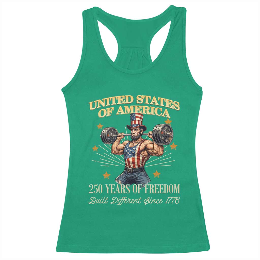 USA 250 Years of Freedom Muscular Uncle Sam Weightlifter Racerback Tank Top Built Different Since 1776 Funny Patriotic Buff Graphic