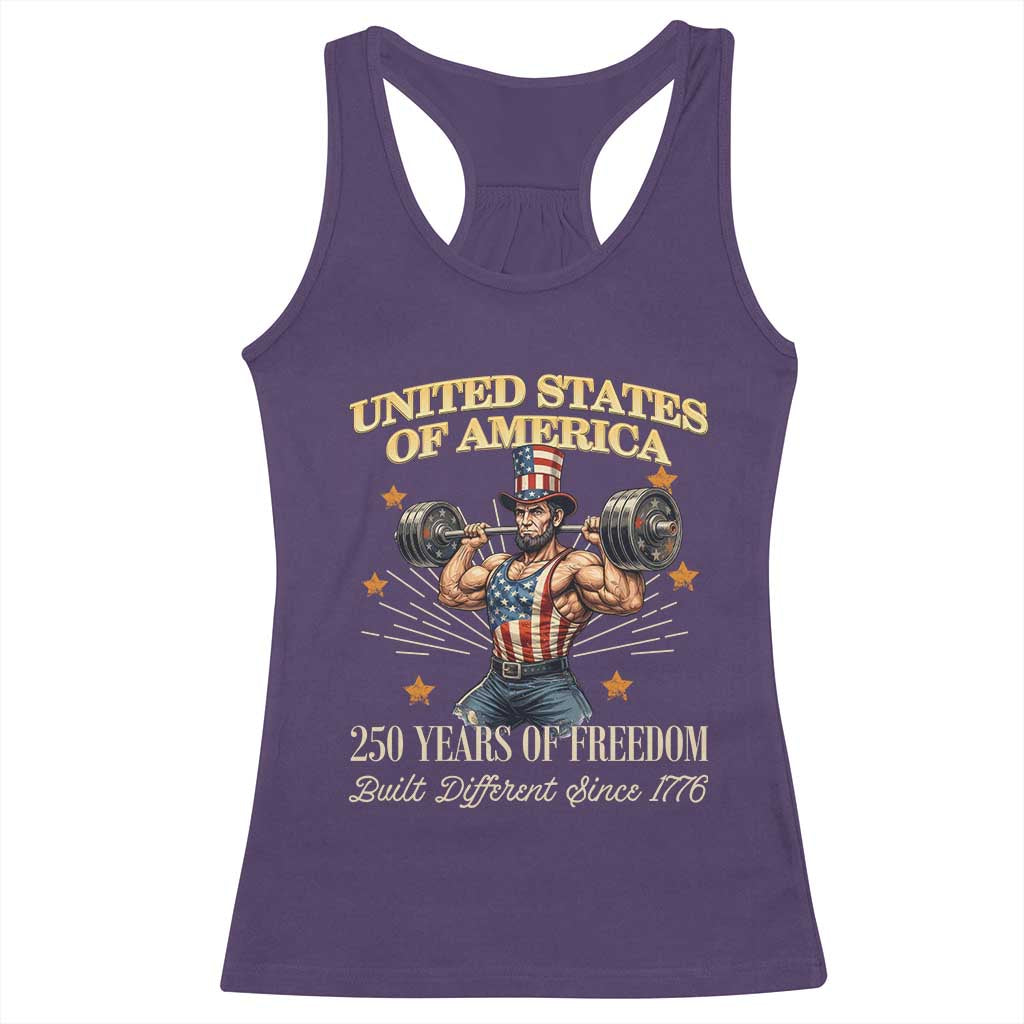 USA 250 Years of Freedom Muscular Uncle Sam Weightlifter Racerback Tank Top Built Different Since 1776 Funny Patriotic Buff Graphic