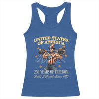 USA 250 Years of Freedom Muscular Uncle Sam Weightlifter Racerback Tank Top Built Different Since 1776 Funny Patriotic Buff Graphic