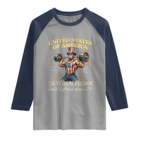 USA 250 Years of Freedom Muscular Uncle Sam Weightlifter Raglan Shirt Built Different Since 1776 Funny Patriotic Buff Graphic