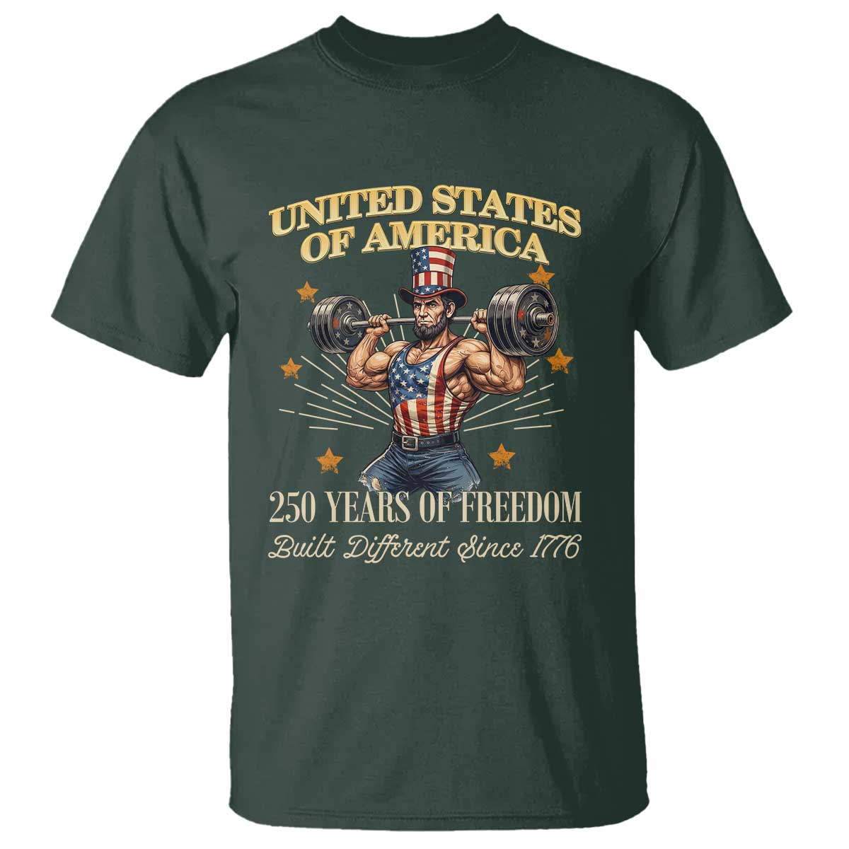 USA 250 Years of Freedom Muscular Uncle Sam Weightlifter T Shirt Built Different Since 1776 Funny Patriotic Buff Graphic