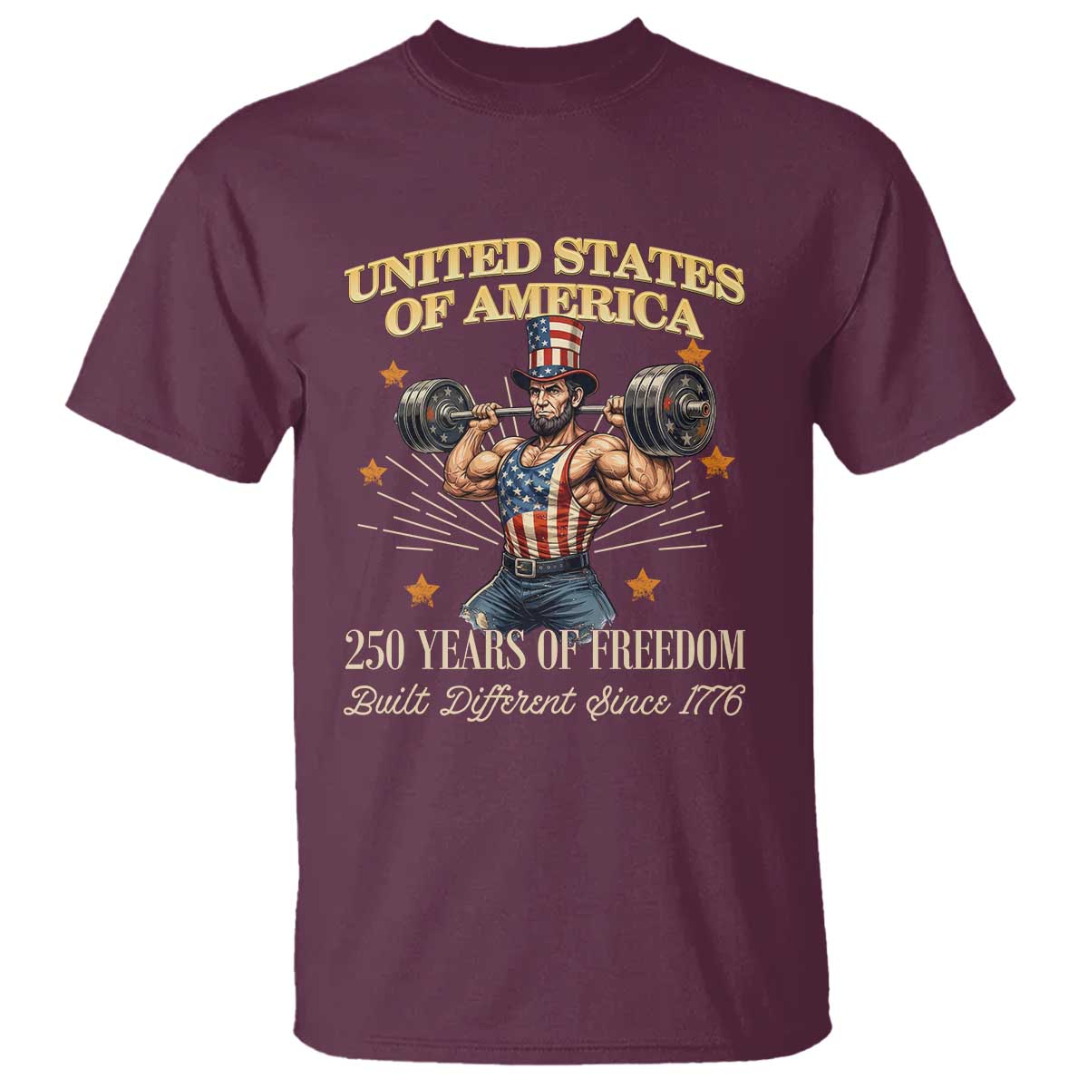USA 250 Years of Freedom Muscular Uncle Sam Weightlifter T Shirt Built Different Since 1776 Funny Patriotic Buff Graphic