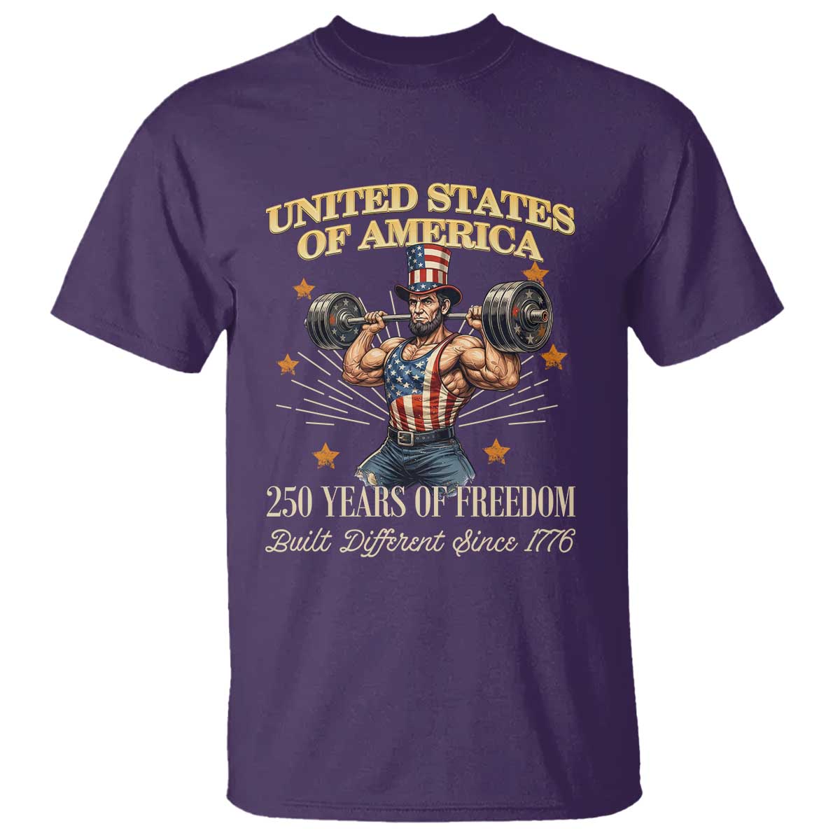 USA 250 Years of Freedom Muscular Uncle Sam Weightlifter T Shirt Built Different Since 1776 Funny Patriotic Buff Graphic