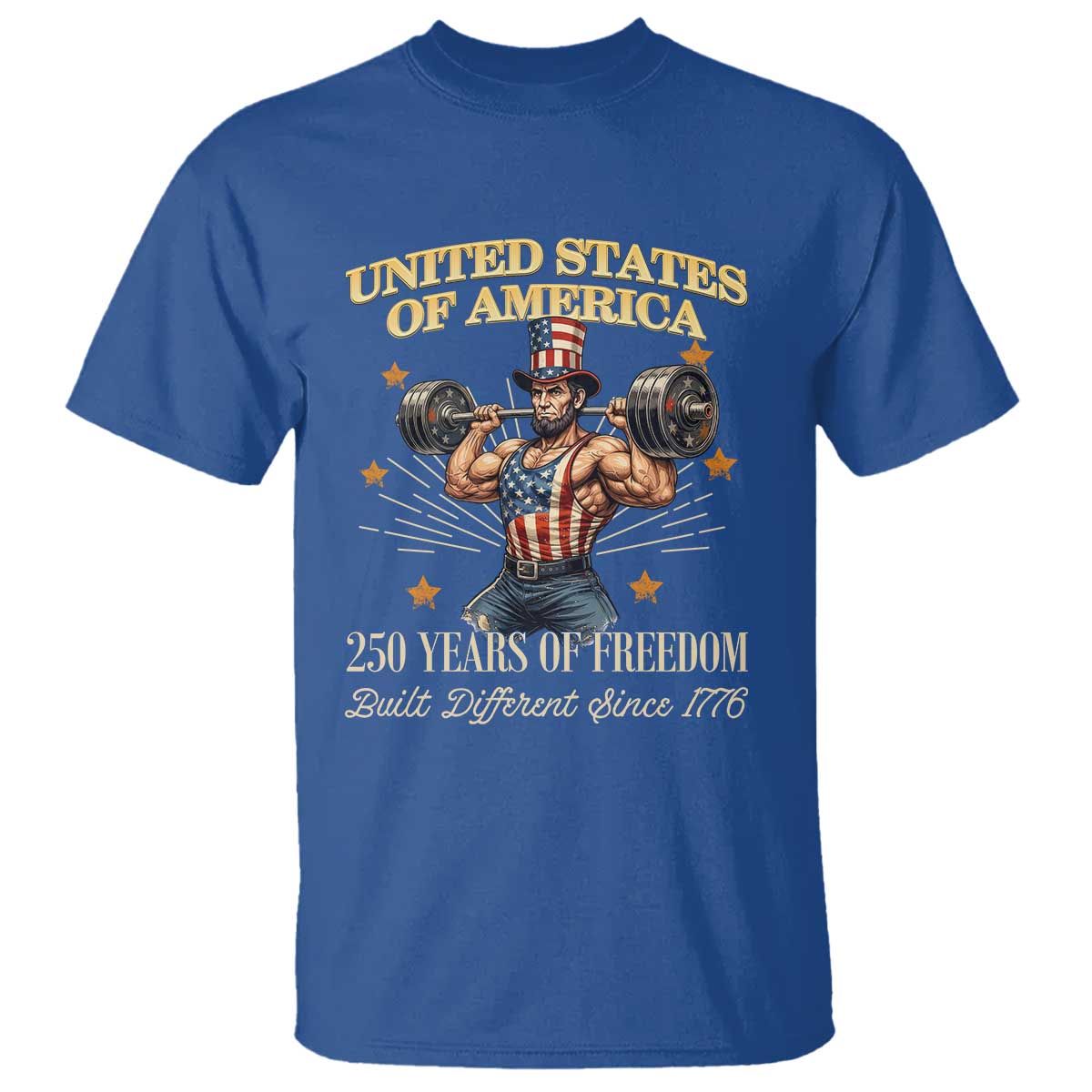 USA 250 Years of Freedom Muscular Uncle Sam Weightlifter T Shirt Built Different Since 1776 Funny Patriotic Buff Graphic