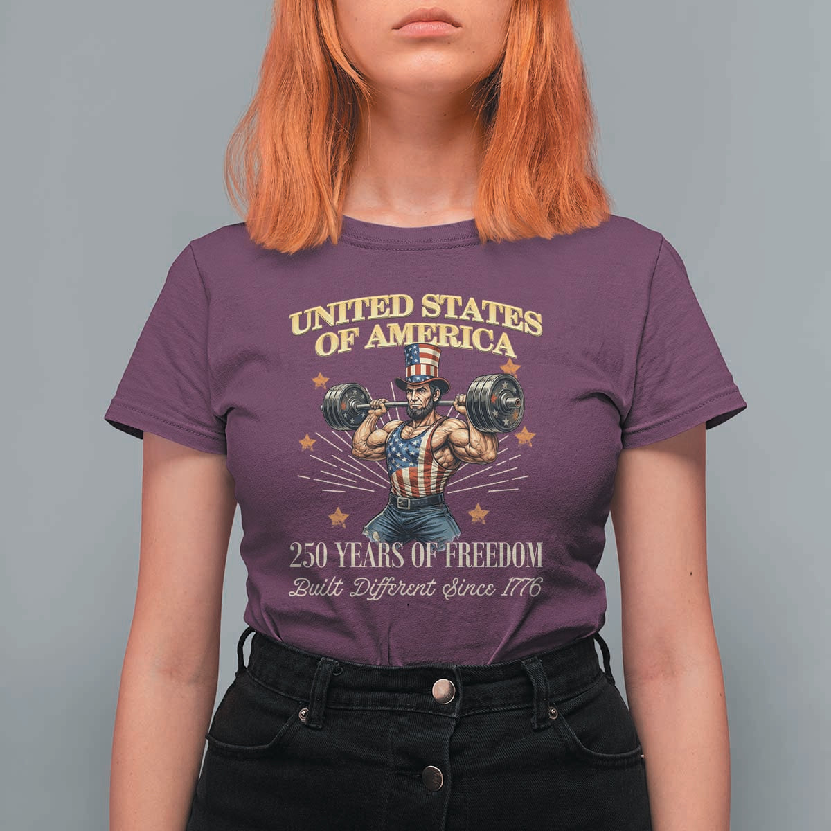 USA 250 Years of Freedom Muscular Uncle Sam Weightlifter T Shirt For Women Built Different Since 1776 Funny Patriotic Buff Graphic