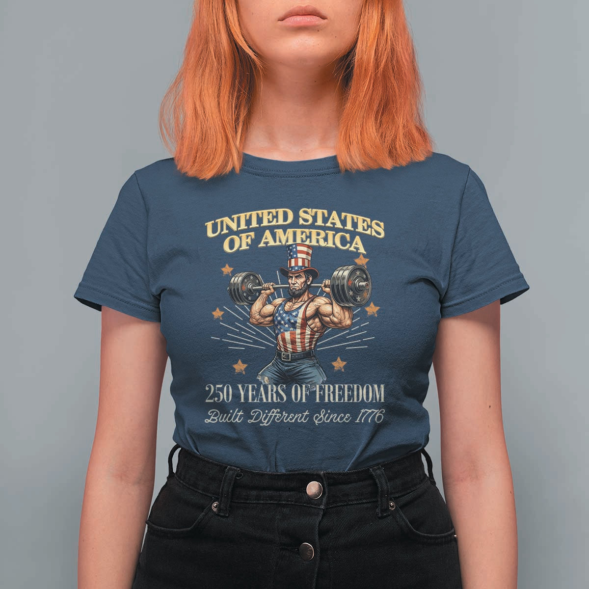 USA 250 Years of Freedom Muscular Uncle Sam Weightlifter T Shirt For Women Built Different Since 1776 Funny Patriotic Buff Graphic