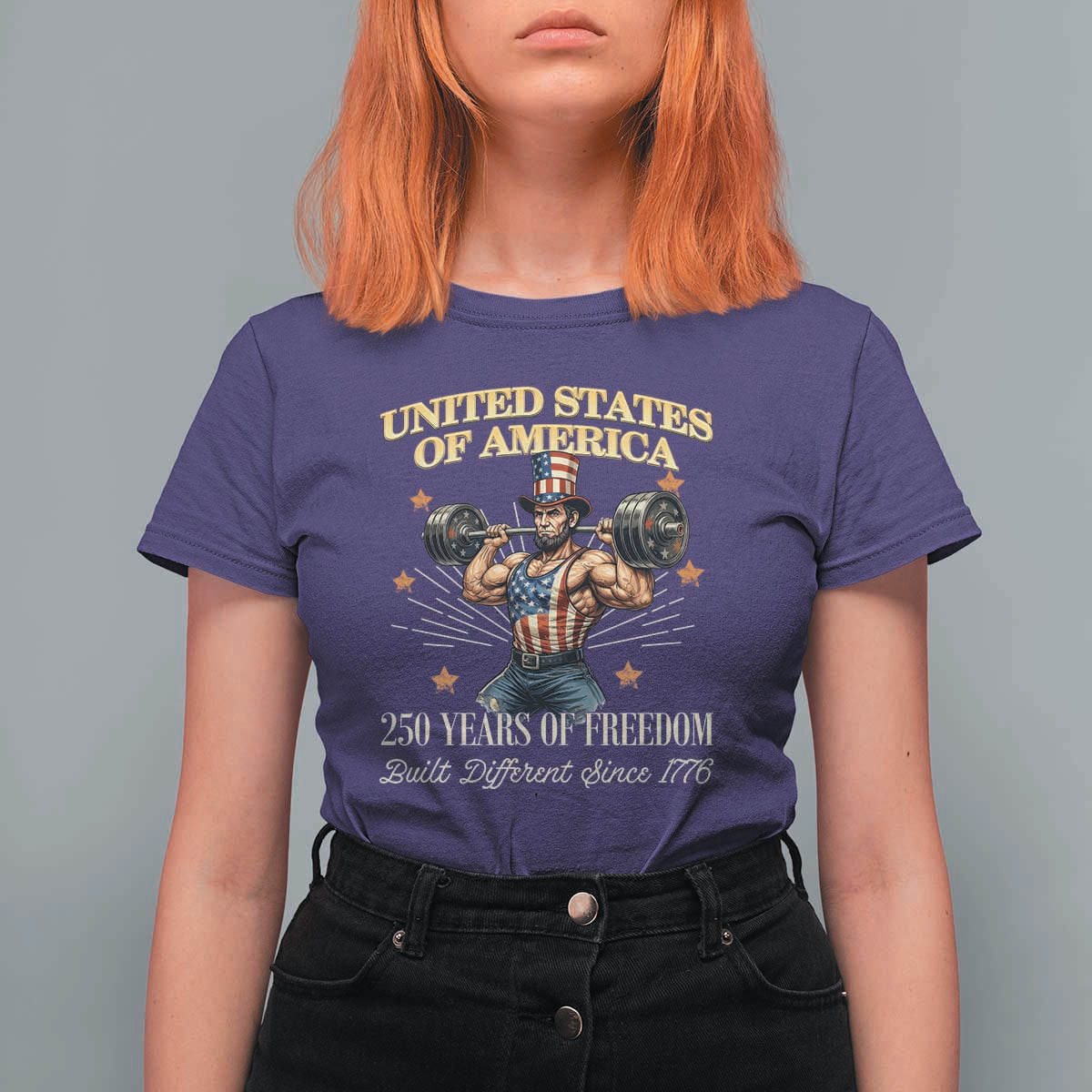 USA 250 Years of Freedom Muscular Uncle Sam Weightlifter T Shirt For Women Built Different Since 1776 Funny Patriotic Buff Graphic