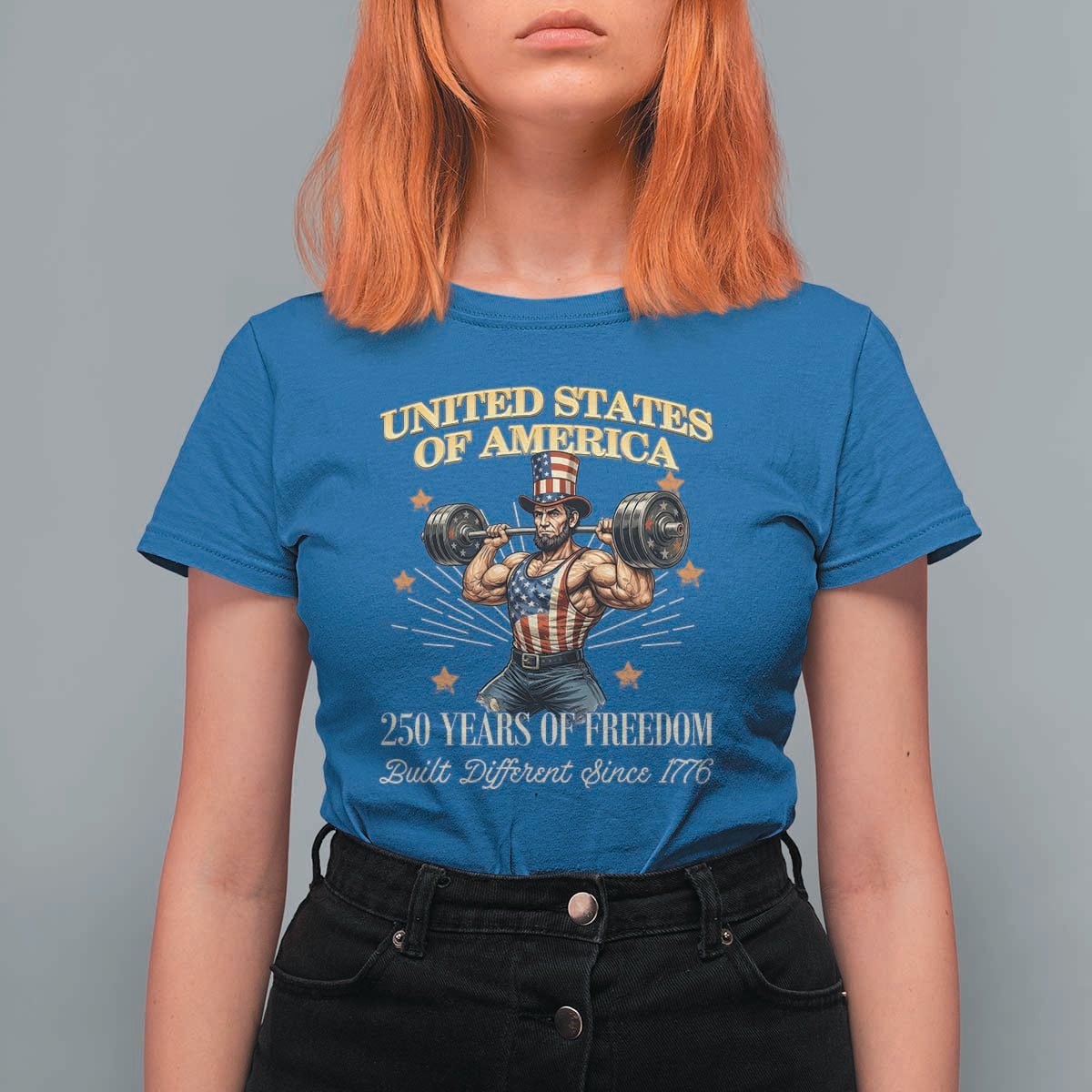 USA 250 Years of Freedom Muscular Uncle Sam Weightlifter T Shirt For Women Built Different Since 1776 Funny Patriotic Buff Graphic