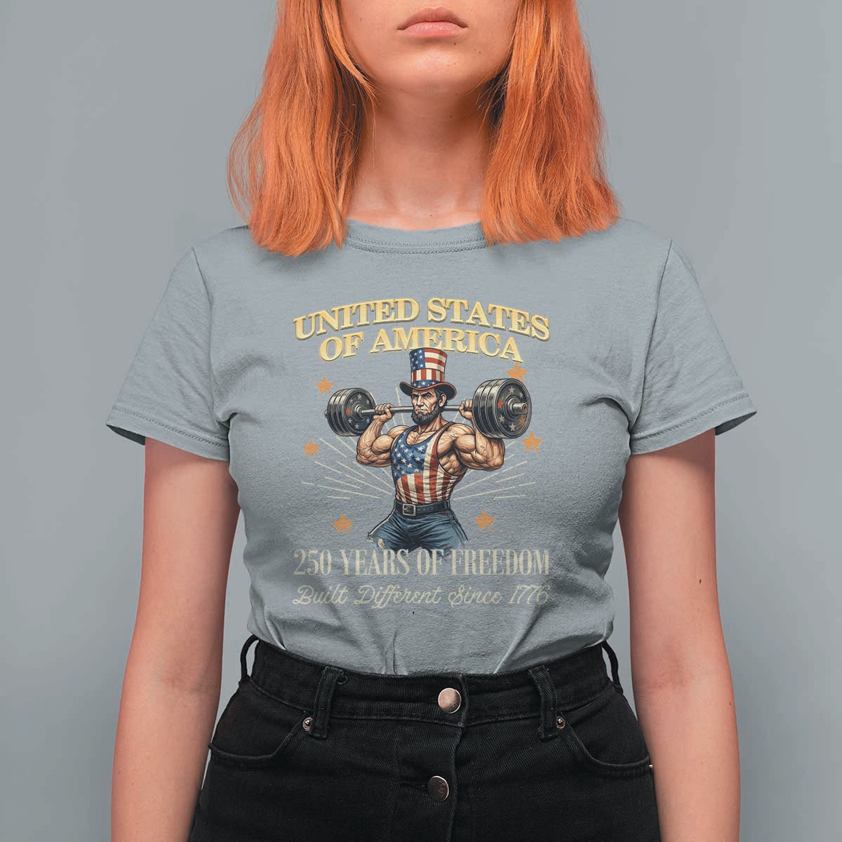 USA 250 Years of Freedom Muscular Uncle Sam Weightlifter T Shirt For Women Built Different Since 1776 Funny Patriotic Buff Graphic