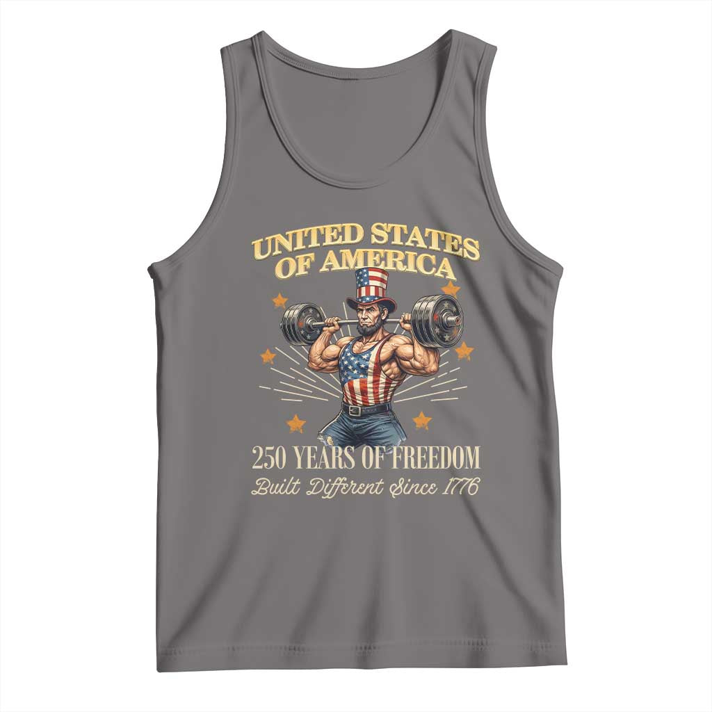 USA 250 Years of Freedom Muscular Uncle Sam Weightlifter Tank Top Built Different Since 1776 Funny Patriotic Buff Graphic