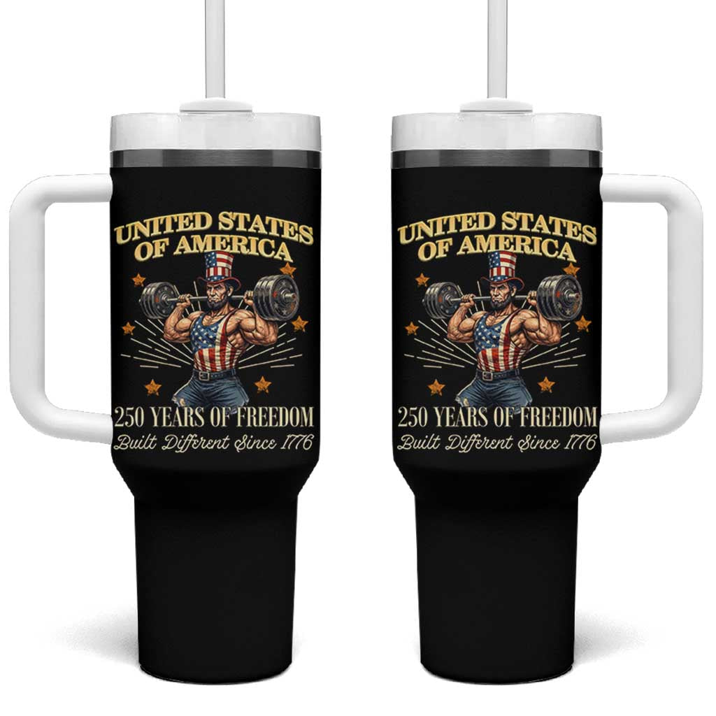 USA 250 Years of Freedom Muscular Uncle Sam Weightlifter Tumbler With Handle Built Different Since 1776 Funny Patriotic Buff Graphic