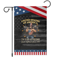 USA 250 Years of Freedom Muscular Uncle Sam Weightlifter Patriotic Garden Flag Built Different Since 1776 Funny Buff Graphic