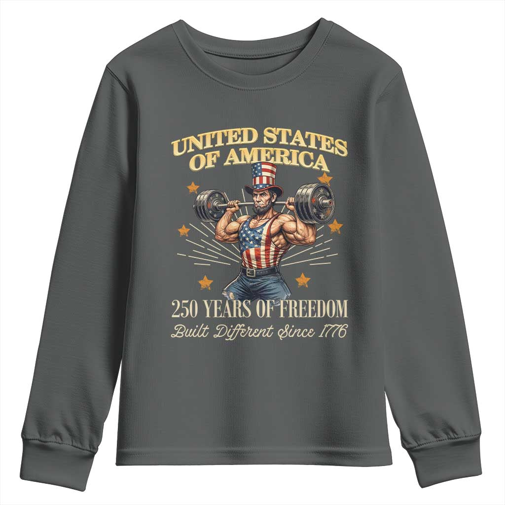 USA 250 Years of Freedom Muscular Uncle Sam Weightlifter Youth Sweatshirt Built Different Since 1776 Funny Patriotic Buff Graphic