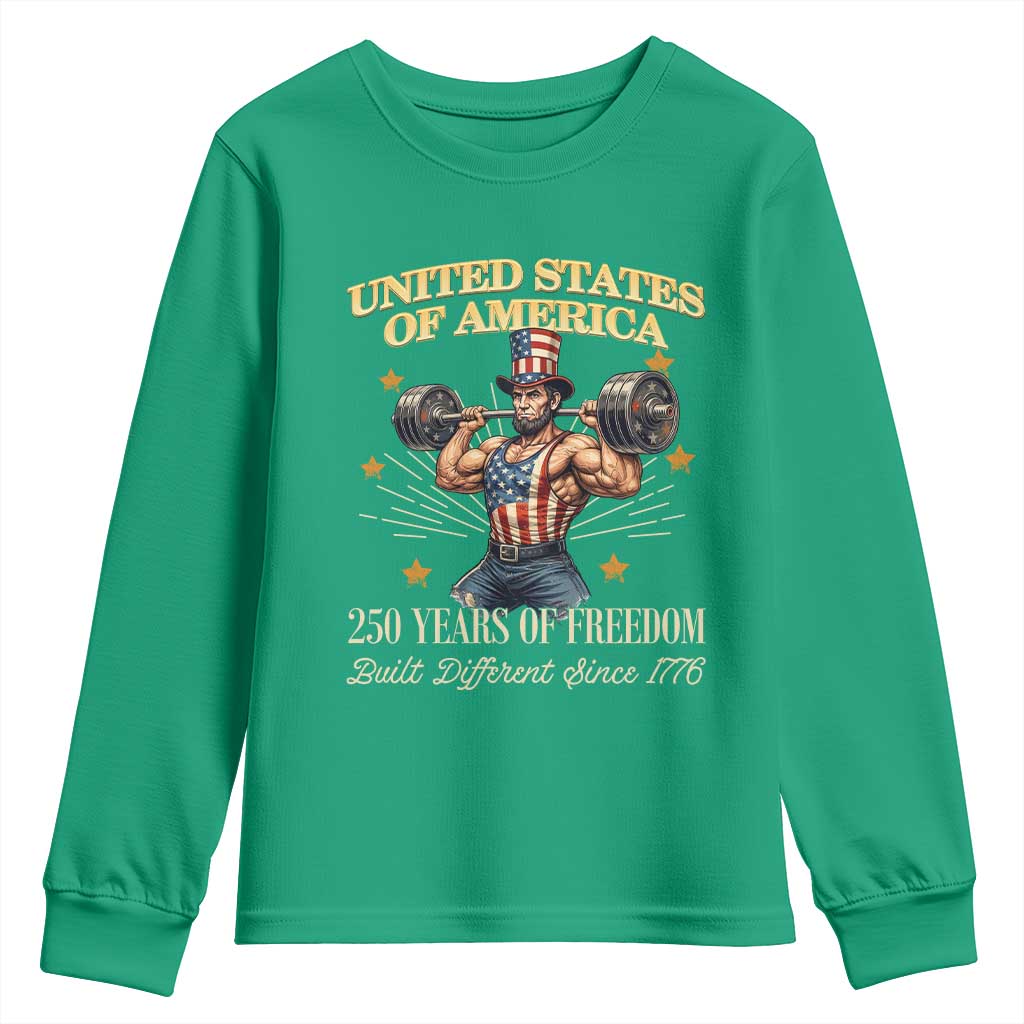 USA 250 Years of Freedom Muscular Uncle Sam Weightlifter Youth Sweatshirt Built Different Since 1776 Funny Patriotic Buff Graphic
