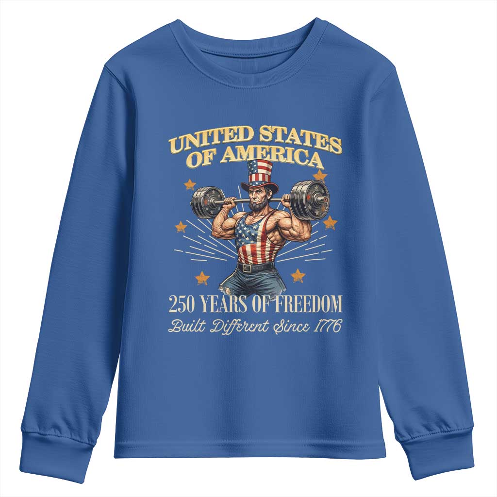 USA 250 Years of Freedom Muscular Uncle Sam Weightlifter Youth Sweatshirt Built Different Since 1776 Funny Patriotic Buff Graphic