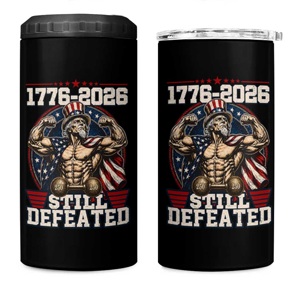Still Undefeated 1776 to 2026 Muscular Uncle Sam 4 in 1 Can Cooler Tumbler Buff Bodybuilder American Flag 250th Anniversary Semiquincentennial