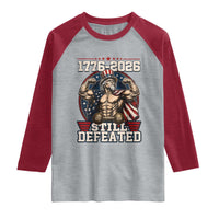 Still Undefeated 1776 to 2026 Muscular Uncle Sam Raglan Shirt Buff Bodybuilder American Flag 250th Anniversary Semiquincentennial