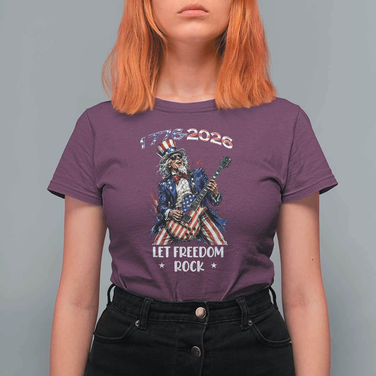 Let Freedom Rock Uncle Sam Rock Star T Shirt For Women Funny Electric Guitar Player American Flag Suit 1776 to 2026 Semiquincentennial