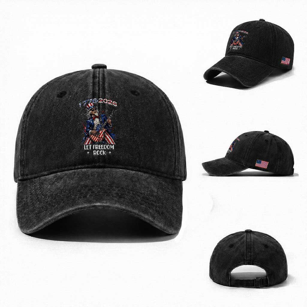 Let Freedom Rock Uncle Sam Rock Star Washed Cotton Baseball Cap Funny Electric Guitar Player American Flag Suit 1776 to 2026 Semiquincentennial