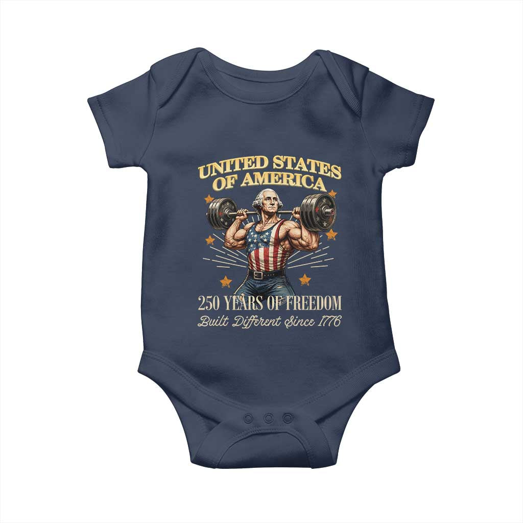 USA 250 Years of Freedom Muscular George Washington Weightlifter Baby Onesie Built Different Since 1776 Funny Patriotic 1st President Bodybuilder