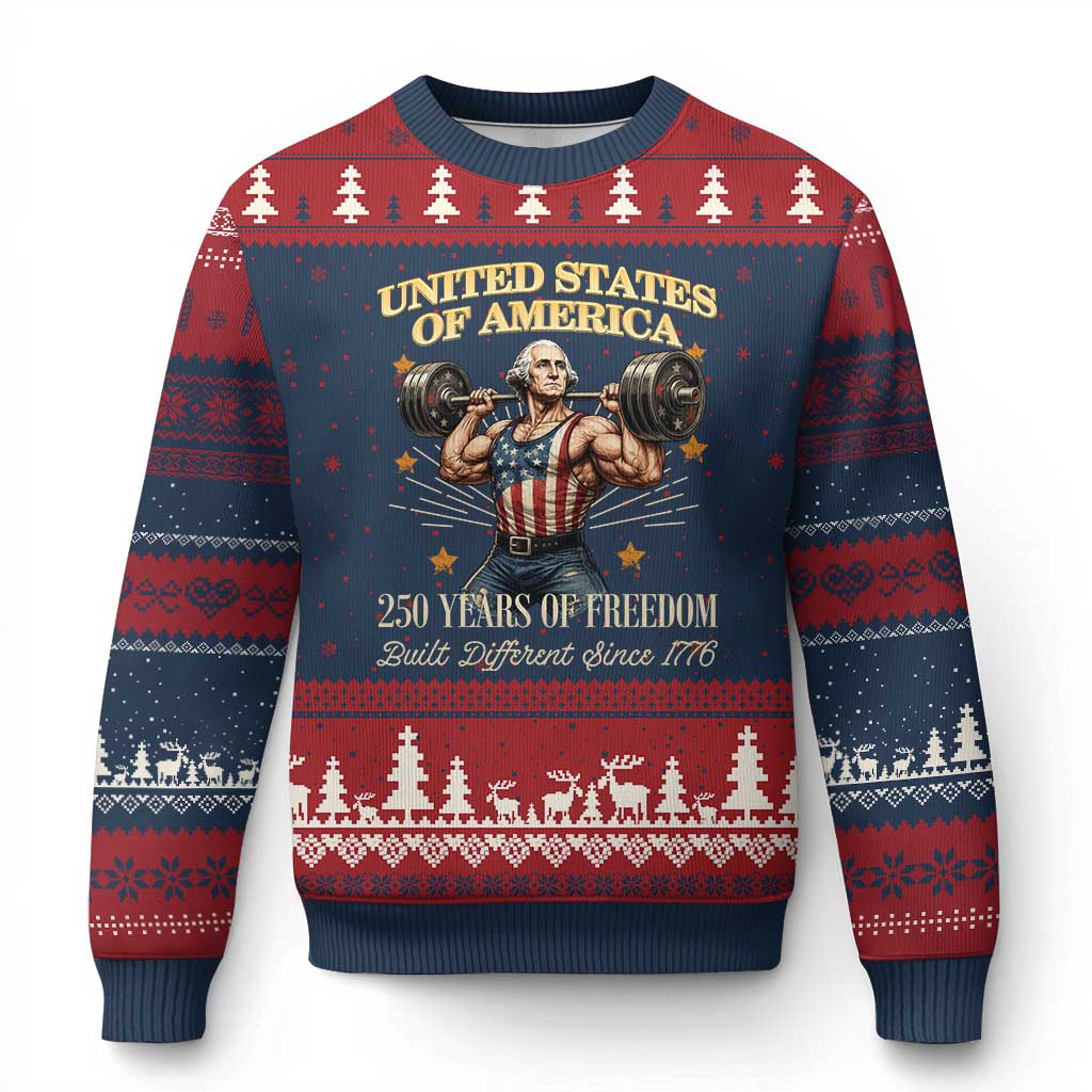 USA 250 Years of Freedom Muscular George Washington Weightlifter Ugly Christmas Sweater Built Different Since 1776 Funny Patriotic 1st President Bodybuilder