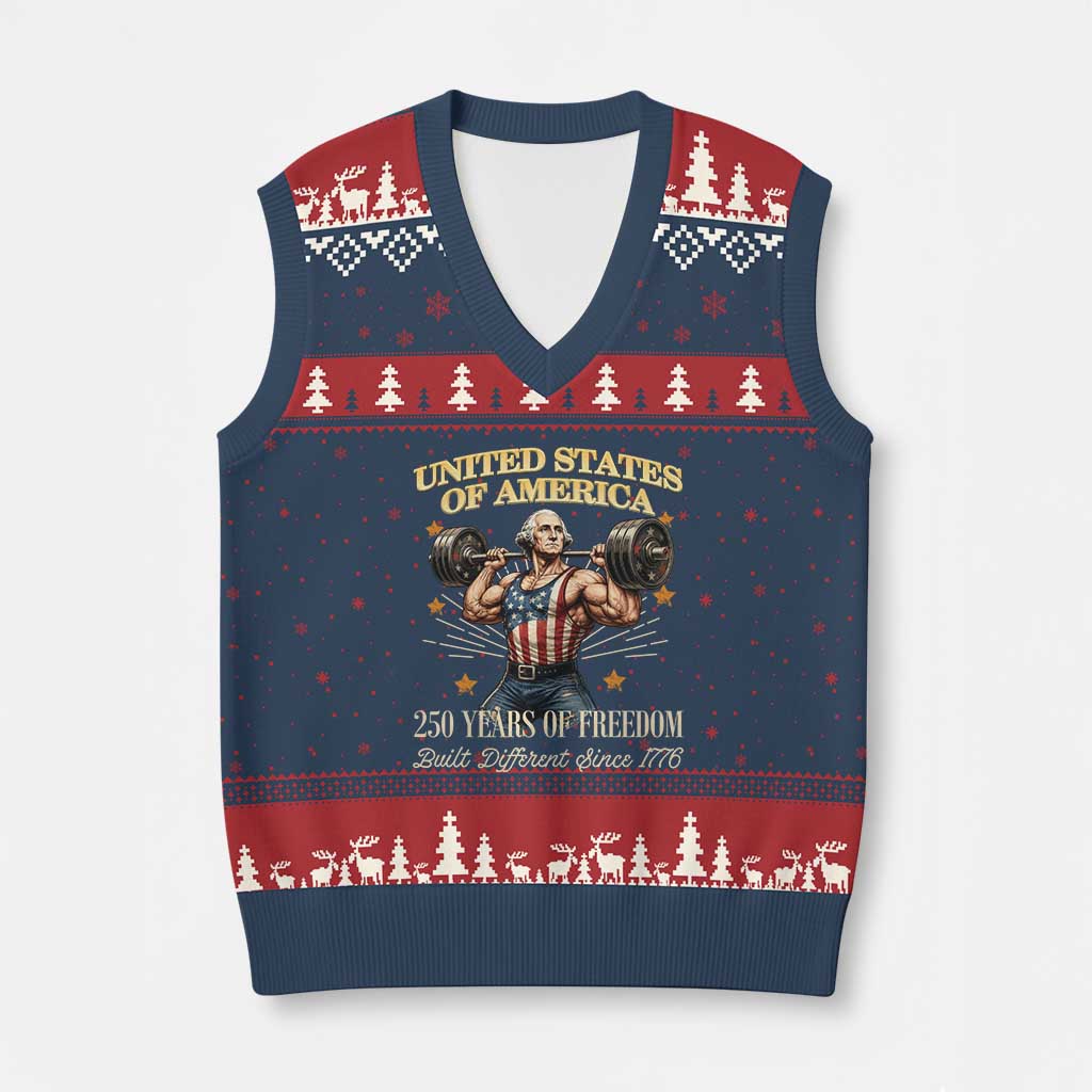 USA 250 Years of Freedom Muscular George Washington Weightlifter V-Neck Knit Sweater Vest Built Different Since 1776 Funny Patriotic 1st President Bodybuilder