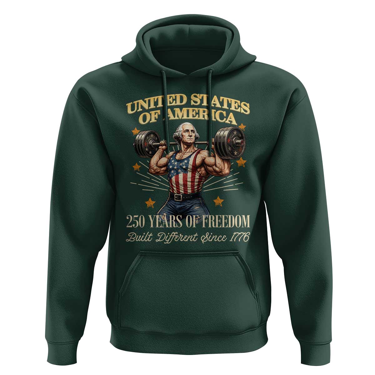 USA 250 Years of Freedom Muscular George Washington Weightlifter Hoodie Built Different Since 1776 Funny Patriotic 1st President Bodybuilder