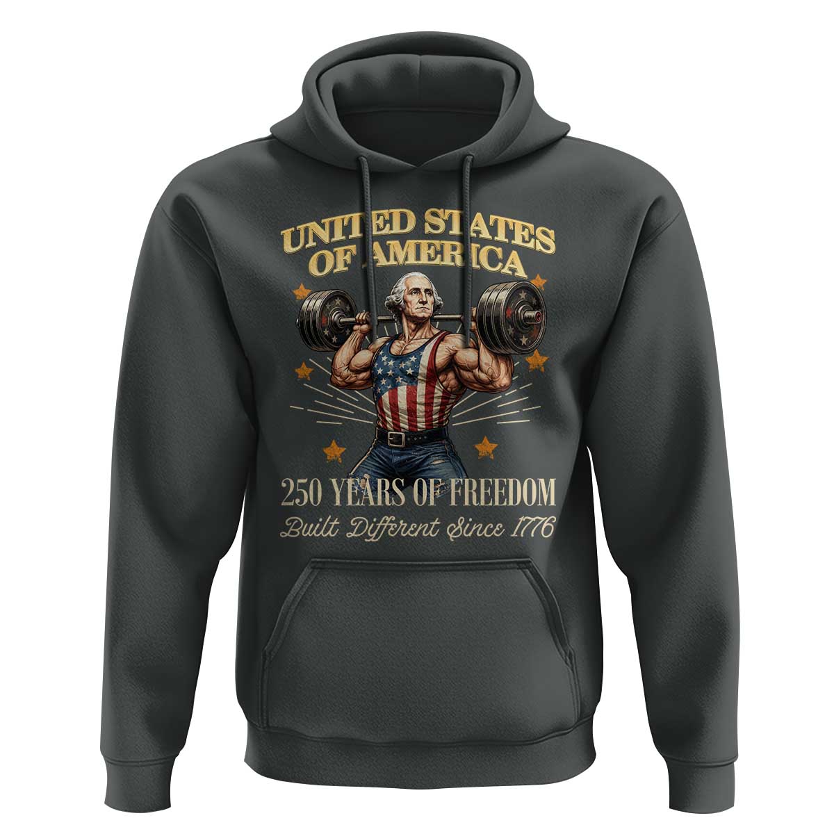 USA 250 Years of Freedom Muscular George Washington Weightlifter Hoodie Built Different Since 1776 Funny Patriotic 1st President Bodybuilder