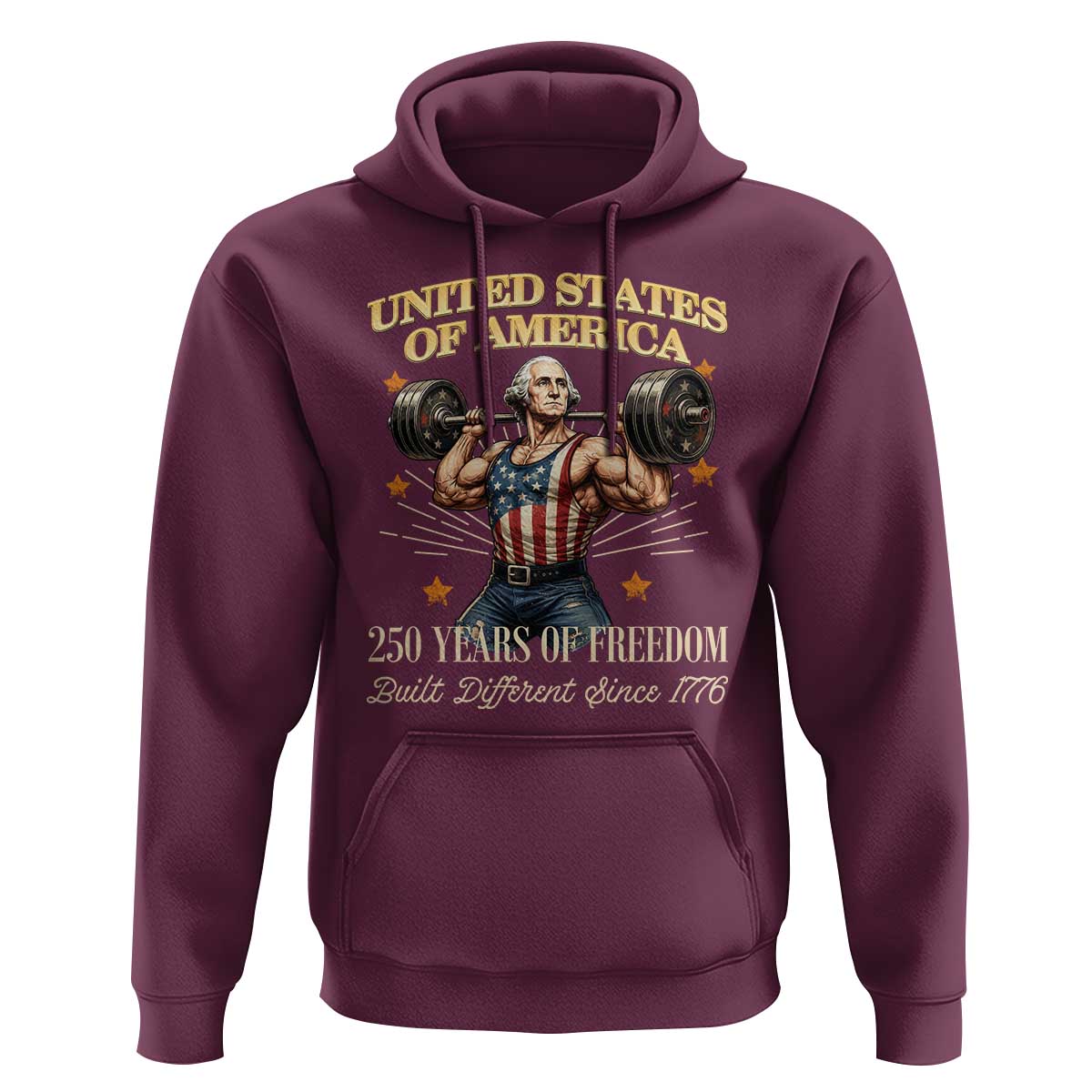 USA 250 Years of Freedom Muscular George Washington Weightlifter Hoodie Built Different Since 1776 Funny Patriotic 1st President Bodybuilder