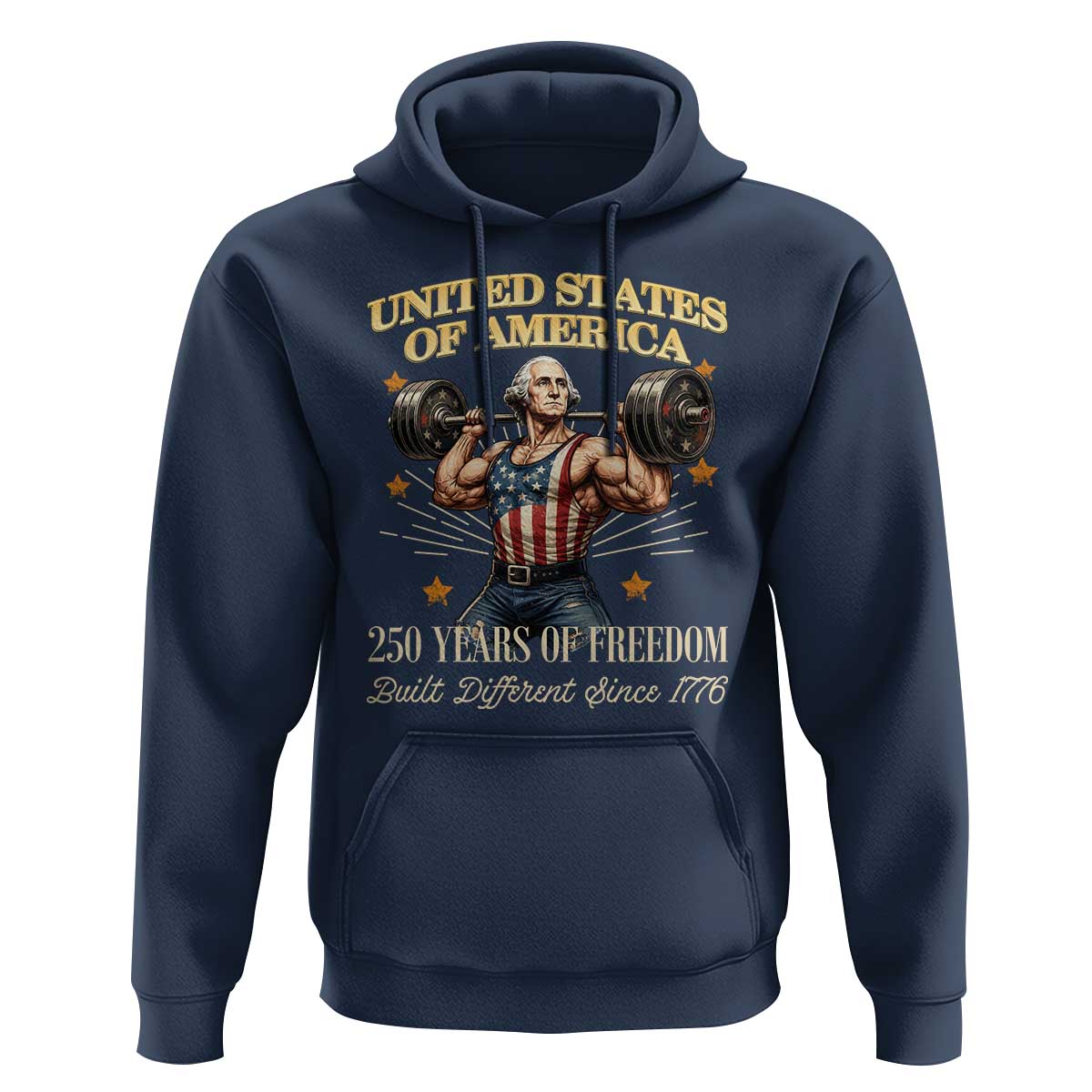 USA 250 Years of Freedom Muscular George Washington Weightlifter Hoodie Built Different Since 1776 Funny Patriotic 1st President Bodybuilder