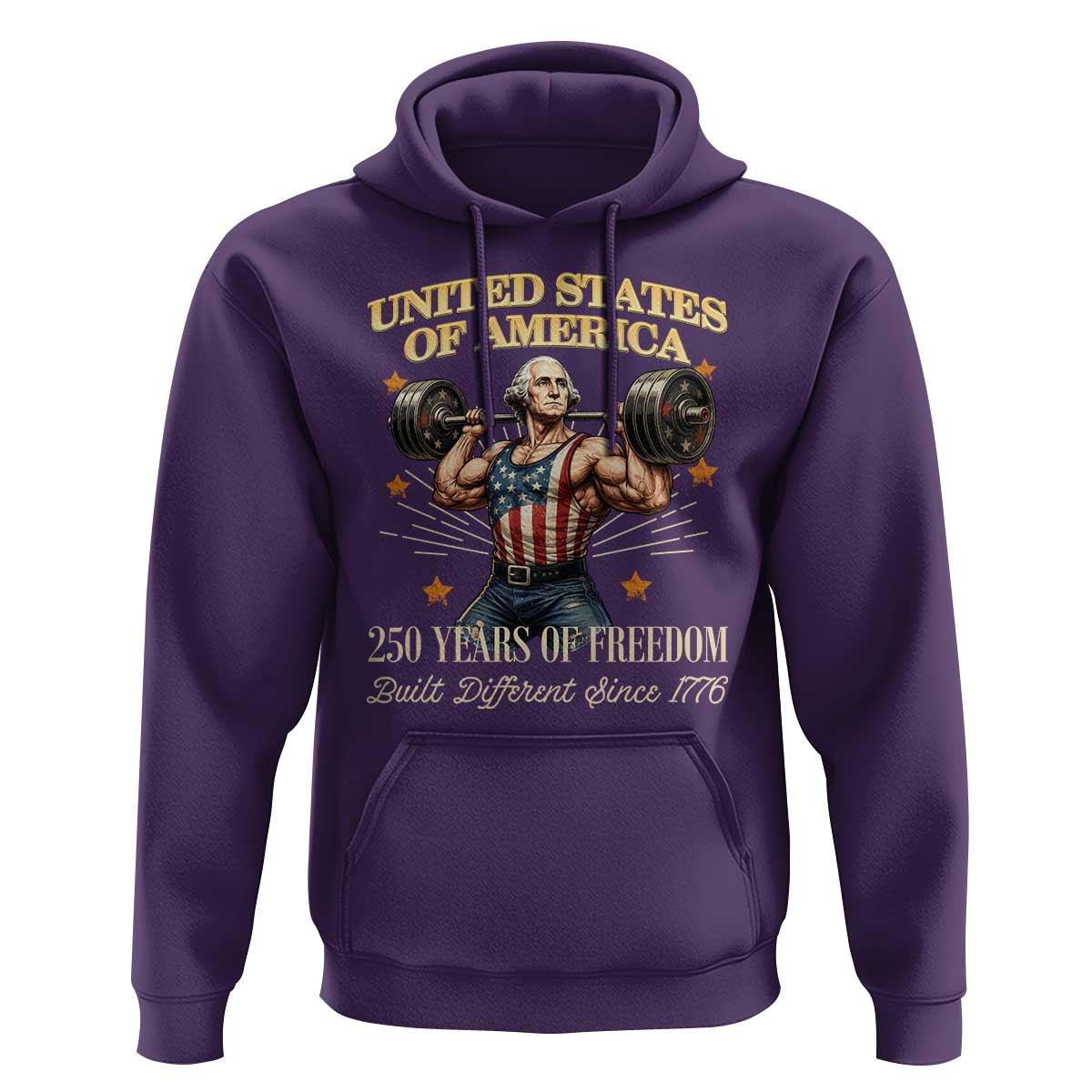 USA 250 Years of Freedom Muscular George Washington Weightlifter Hoodie Built Different Since 1776 Funny Patriotic 1st President Bodybuilder