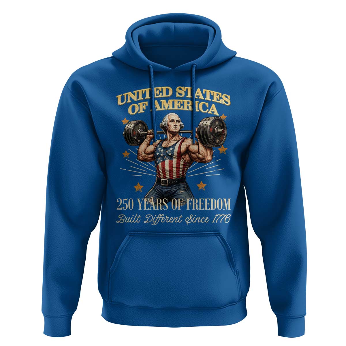 USA 250 Years of Freedom Muscular George Washington Weightlifter Hoodie Built Different Since 1776 Funny Patriotic 1st President Bodybuilder