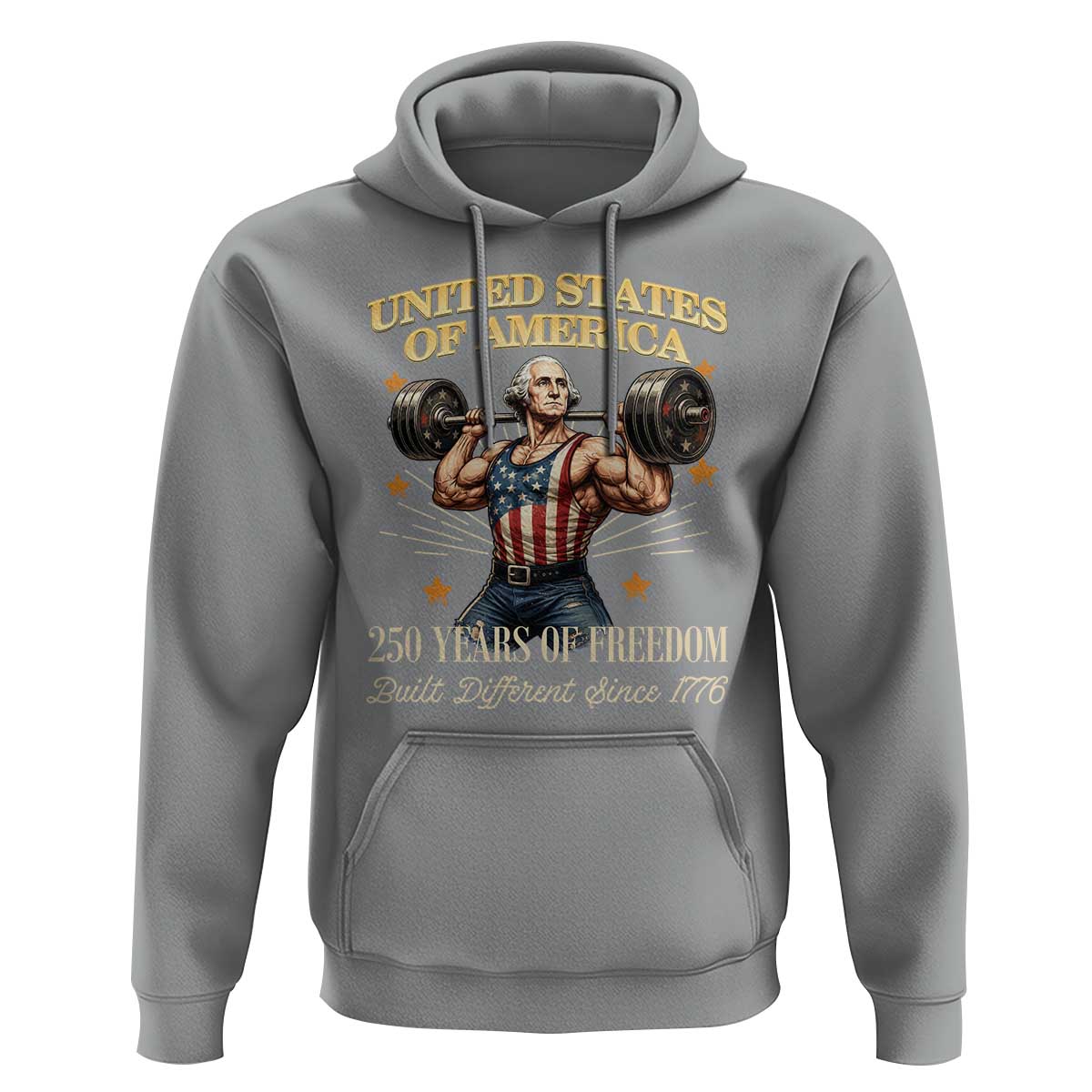 USA 250 Years of Freedom Muscular George Washington Weightlifter Hoodie Built Different Since 1776 Funny Patriotic 1st President Bodybuilder